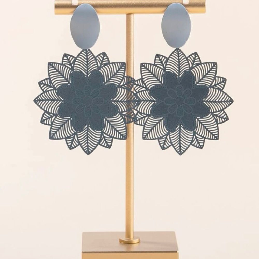 Pair of mandala drop earrings, dangle, flower, blue